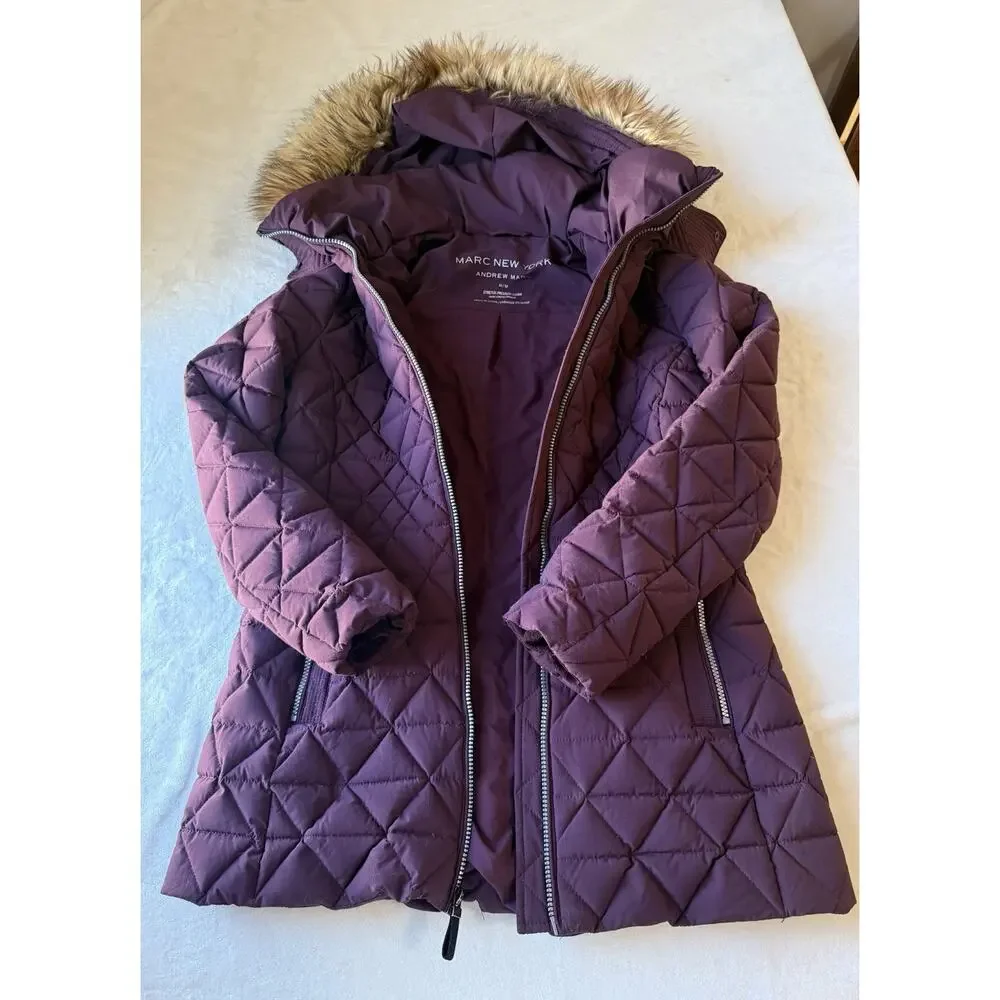 Marc New York‎ Andrew Marc Quilted Hooded Fur Down Coat Purple Women's M